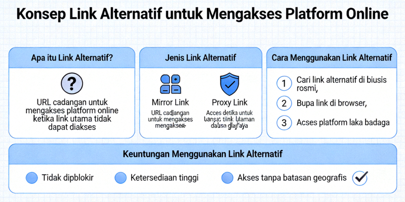 Infografis yang menjelaskan konsep link alternatif untuk mengakses platform online